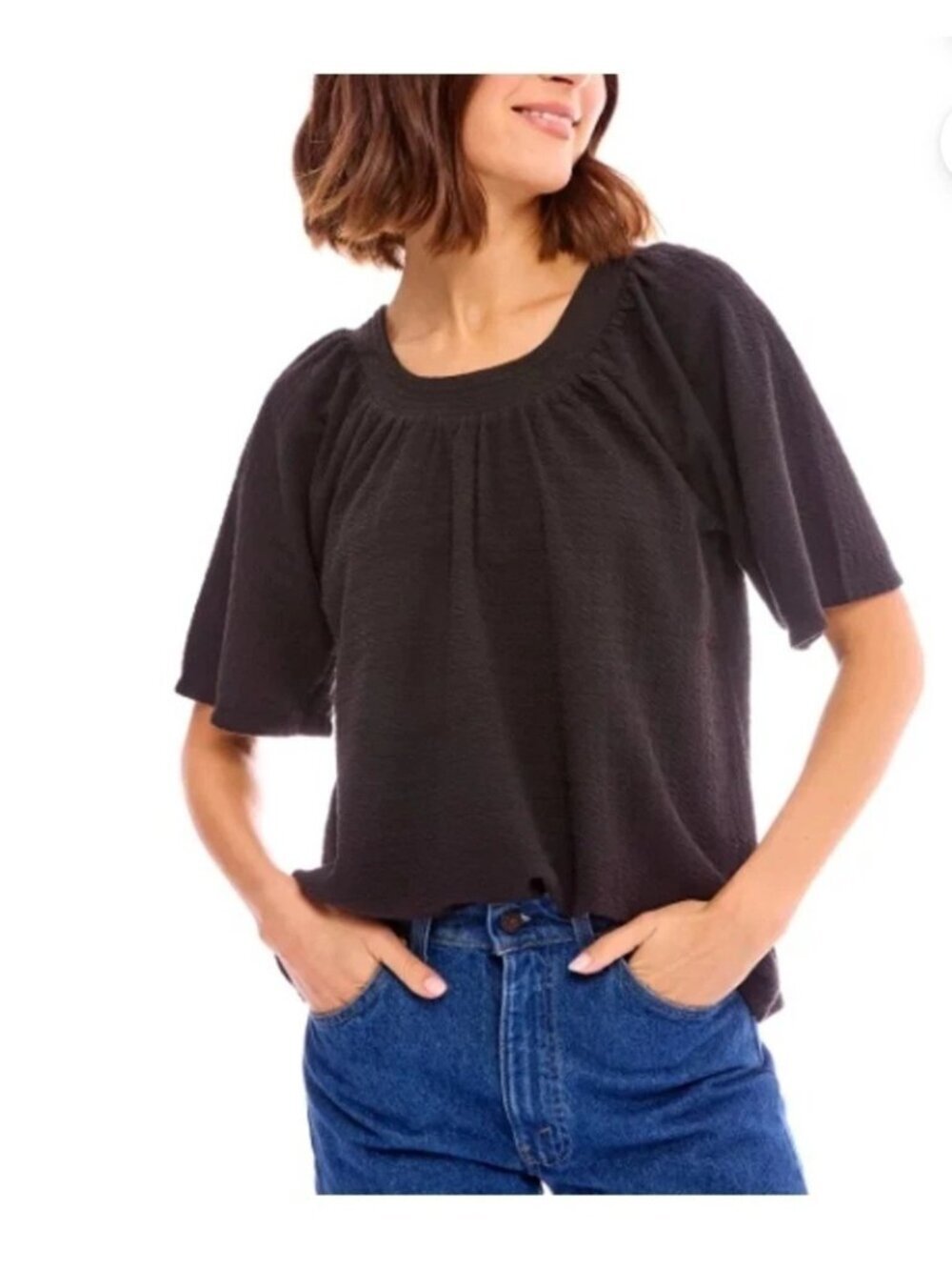 NWT Collection By Bobeau Women's M Black Textured Short Sleeve Top P0649
